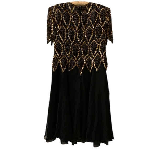 Laurence Kazar Dresses & Skirts - Laurence Kazar Leaf Black Gold Sequin Silk Vintage Cocktail Dress Size XL